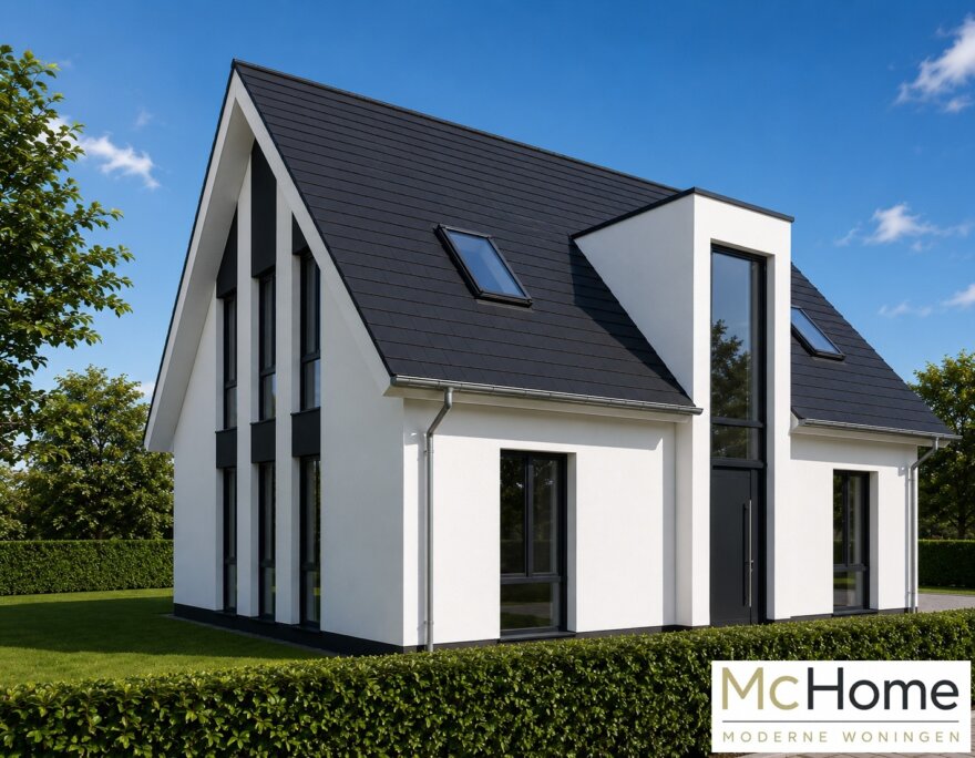 Moderne vrijstaande woning K-69 met zadeldak, witte gevels en grote glaspartijen