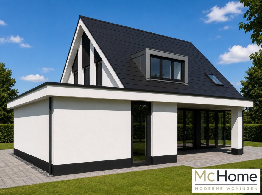 Moderne vrijstaande woning K-69 met zadeldak, witte gevels en grote glaspartijen