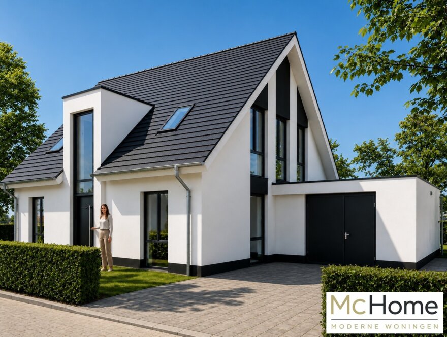 Moderne vrijstaande woning K-69 met zadeldak, witte gevels en grote glaspartijen