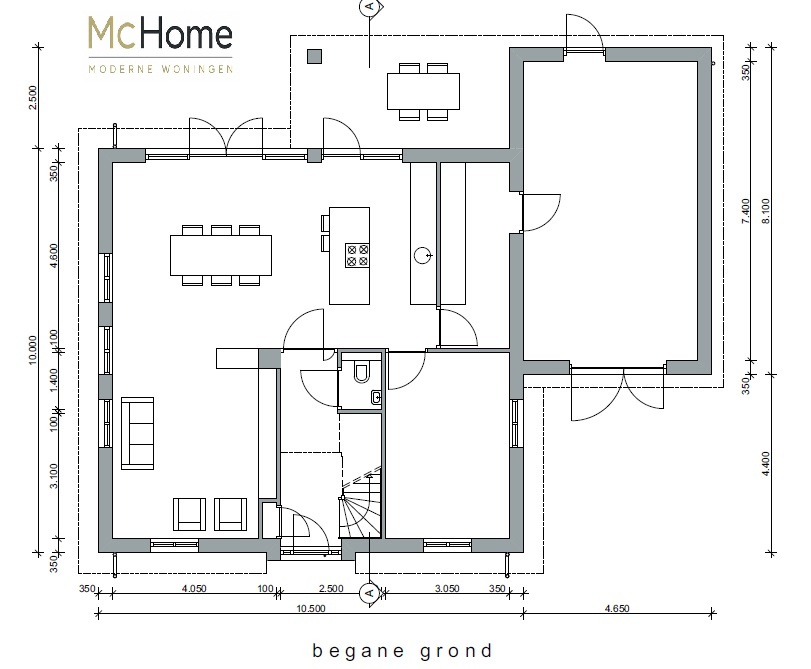 Plattegrond begane grond woning K-69 met woonkamer, leefkeuken en extra kamer