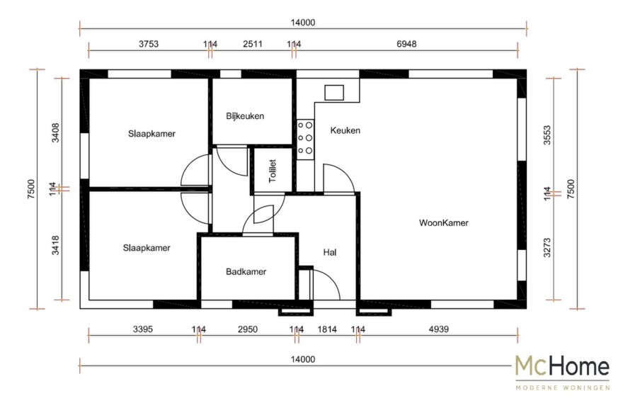Mc-Home B163 v1 efficient moderne bungalowserie Staalframebouwmet plat dak 