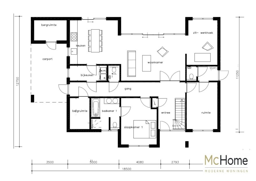Plattegronden moderne kubistische villa M-377 met levensloopbestendige indeling en eerste verdieping