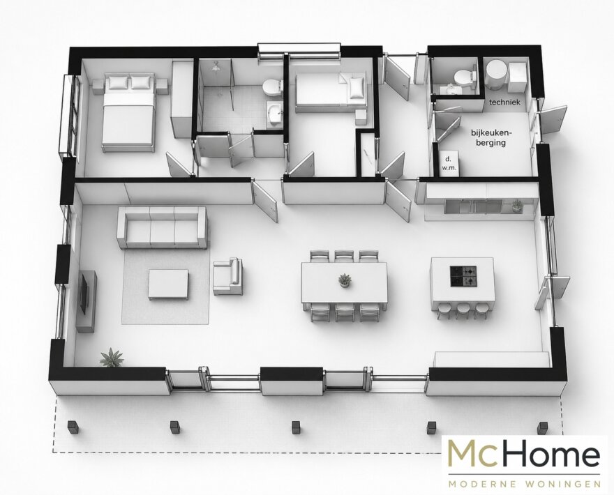 Moderne levensloopbestendige bungalow B-136 met strakke architectuur, grote raampartijen en energiezuinige staalframebouw uitvoering van MC-Home