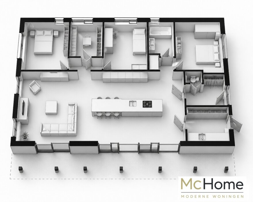 Moderne levensloopbestendige bungalow B-136 met strakke architectuur, grote raampartijen en energiezuinige staalframebouw uitvoering van MC-Home