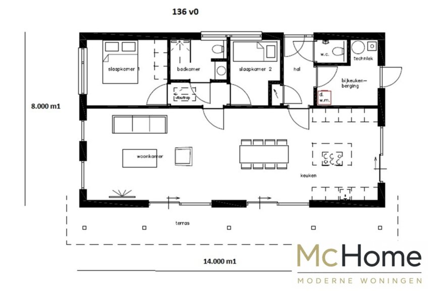 Moderne levensloopbestendige bungalow B-136 met strakke architectuur, grote raampartijen en energiezuinige staalframebouw uitvoering van MC-Home