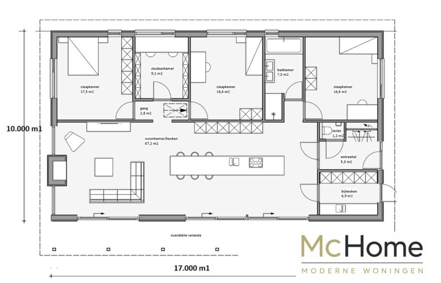 Moderne levensloopbestendige bungalow B-136 met strakke architectuur, grote raampartijen en energiezuinige staalframebouw uitvoering van MC-Home