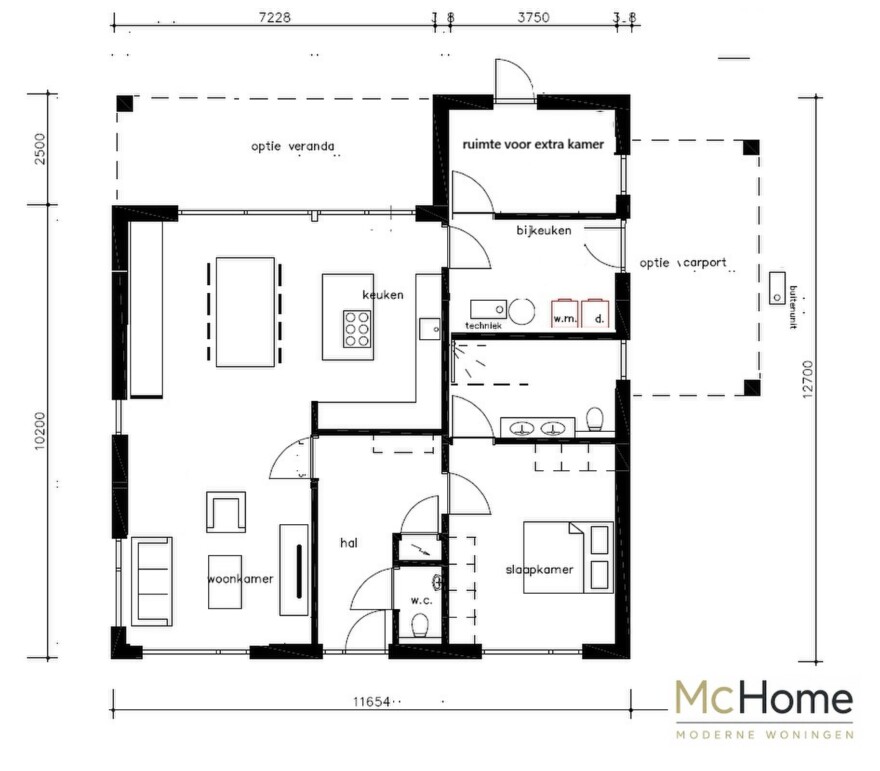 McHome.nl B184 bungalow met plat dak plattegrond indelingen nieuwbouw