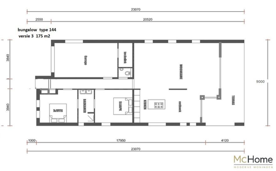 Plattegrond moderne gelijkvloerse woning B-144 met grote garage