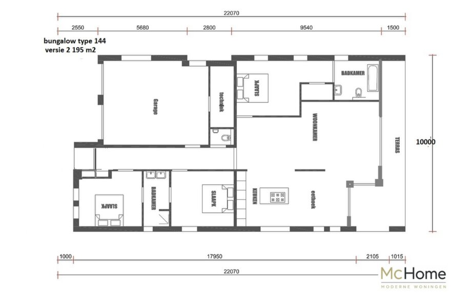 Plattegrond moderne gelijkvloerse woning B-144 met grote garage