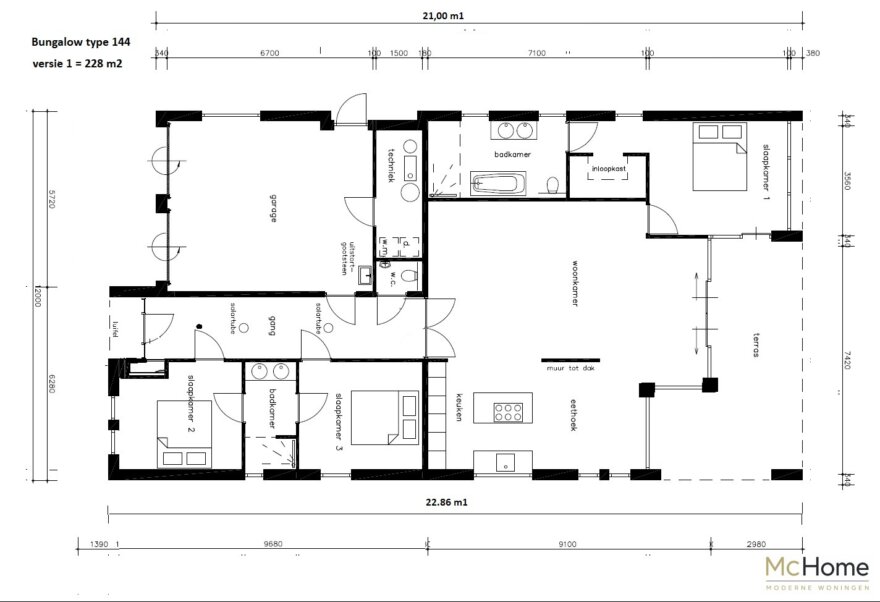 Plattegrond moderne gelijkvloerse woning B-144 met grote garage