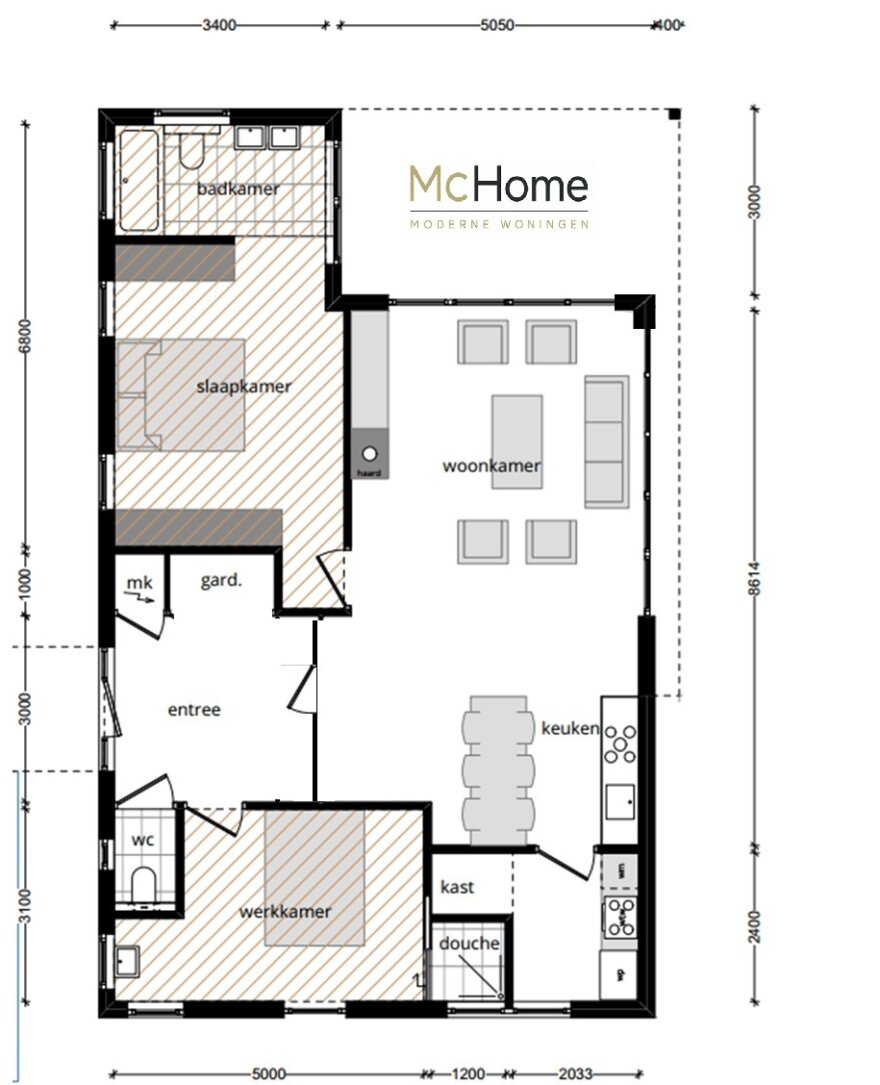 Plattegrond moderne woning B145 met mastersuite en overdekt terras
