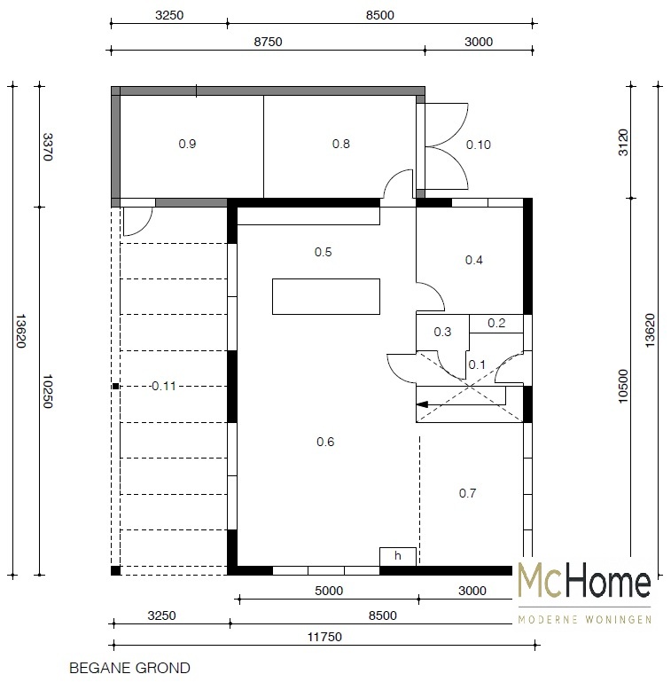 Plattegrond moderne kubistische woning M-91 met flexibele indeling