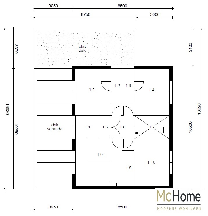 Plattegrond moderne kubistische woning M-91 met flexibele indeling
