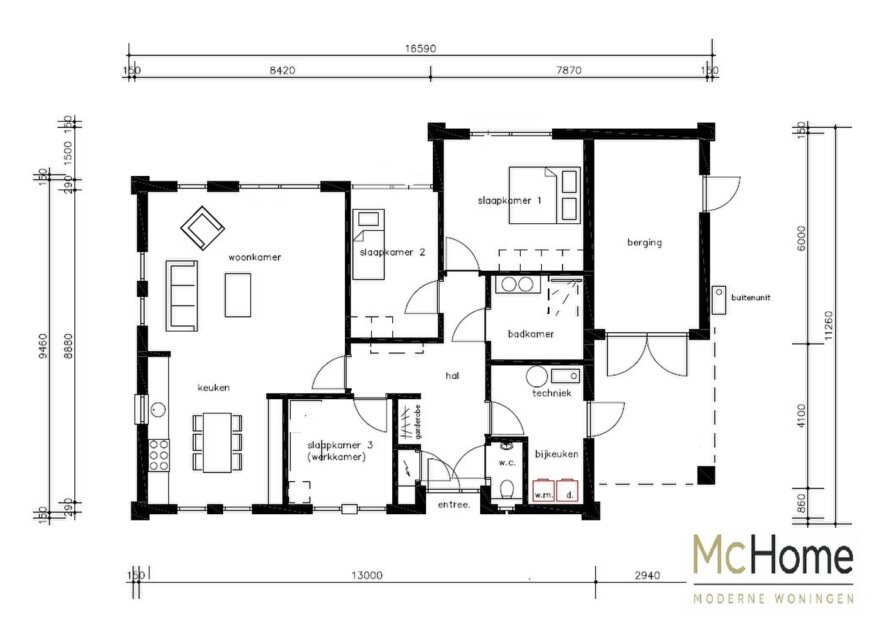 Moderne gelijkvloerse woning B-157 met garage en plat dak