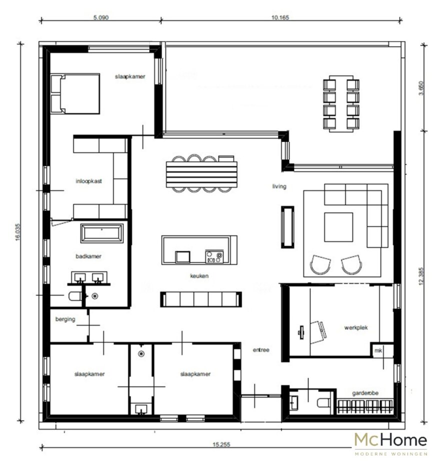 bekijk de plattegrond en indeling B42 200 m2 bungalow plat dak