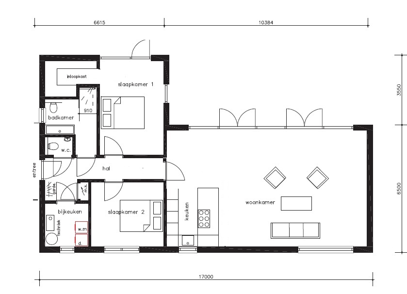 Plattegrond betaalbare ruime gelijkvloerse woning B-162 met plat dak