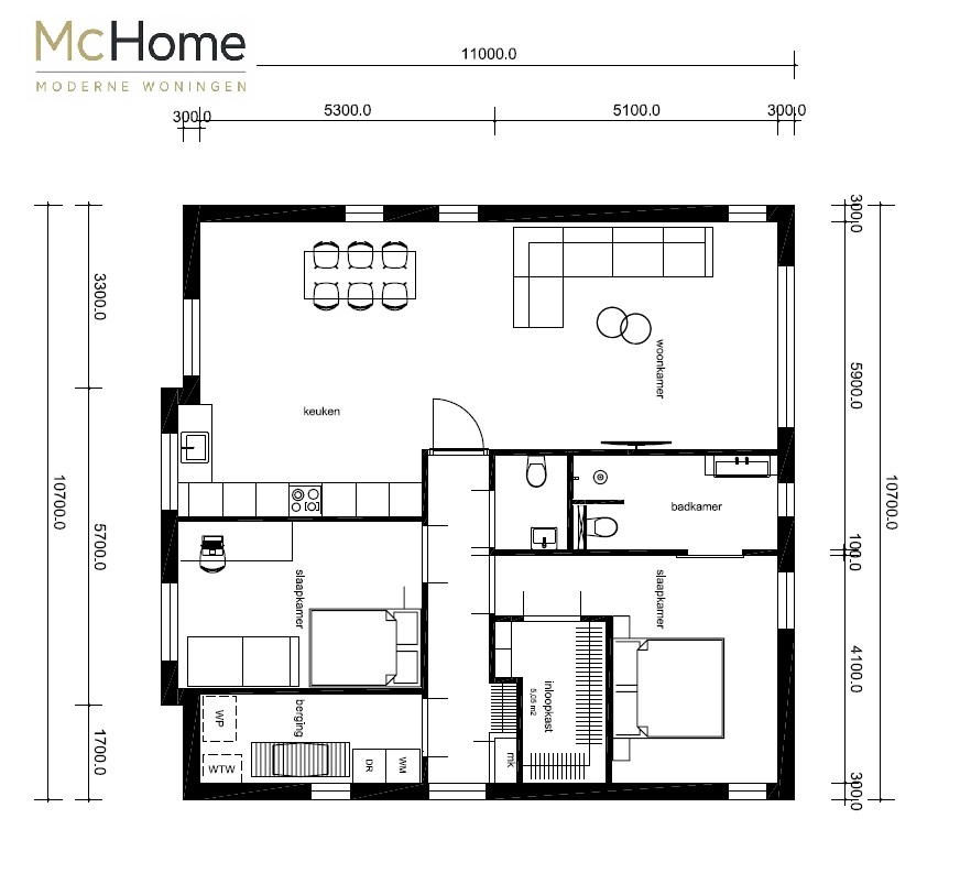 U ziet hier plattegronden en indelingsvariaties van ontwerp B60 bungalow met plat dak