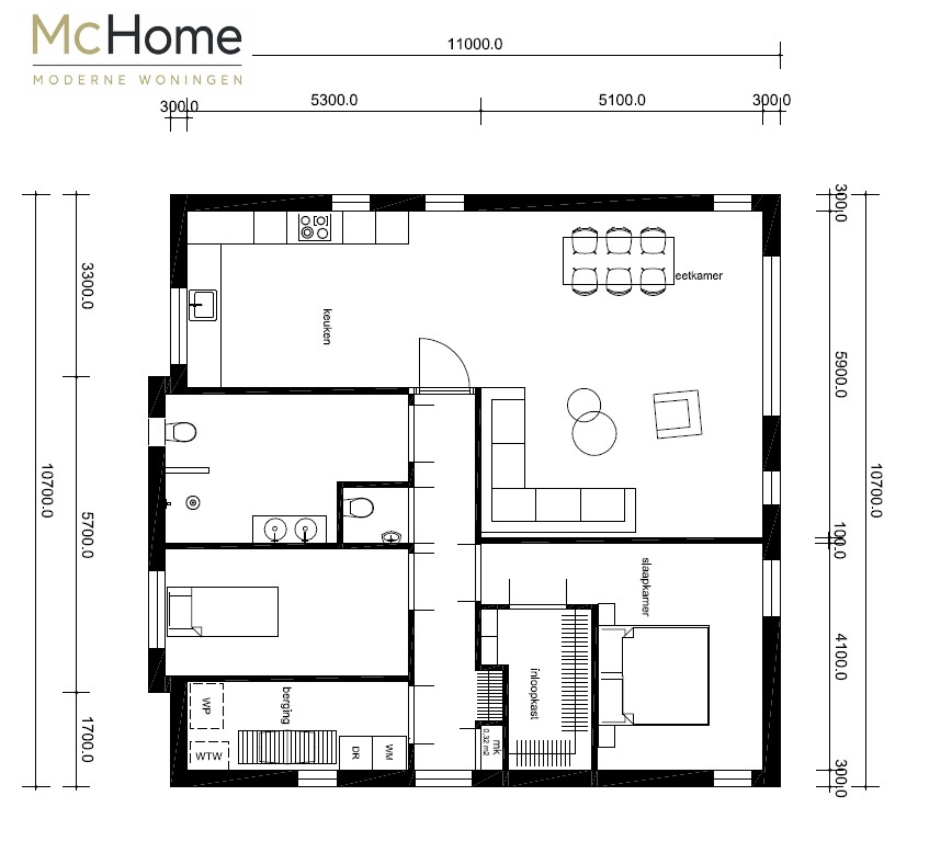 U ziet hier plattegronden en indelingsvariaties van ontwerp B60 bungalow met plat dak