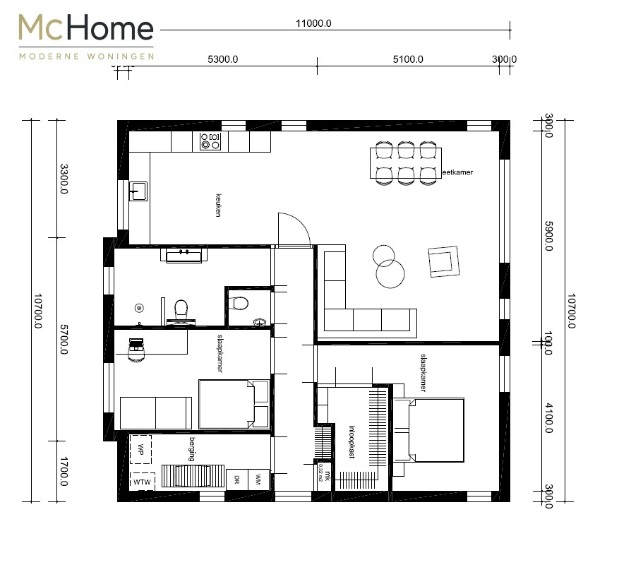 U ziet hier plattegronden en indelingsvariaties van ontwerp B60 bungalow met plat dak