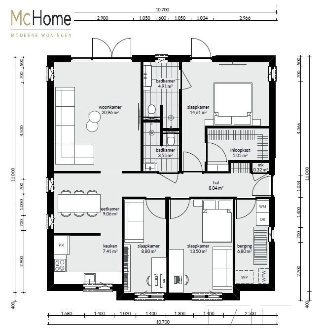 U ziet hier plattegronden en indelingsvariaties van ontwerp B60 bungalow met plat dak
