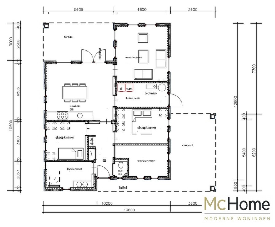 plattegrond moderne gelijkvloerse woning B-166 met carport en overdekt terras