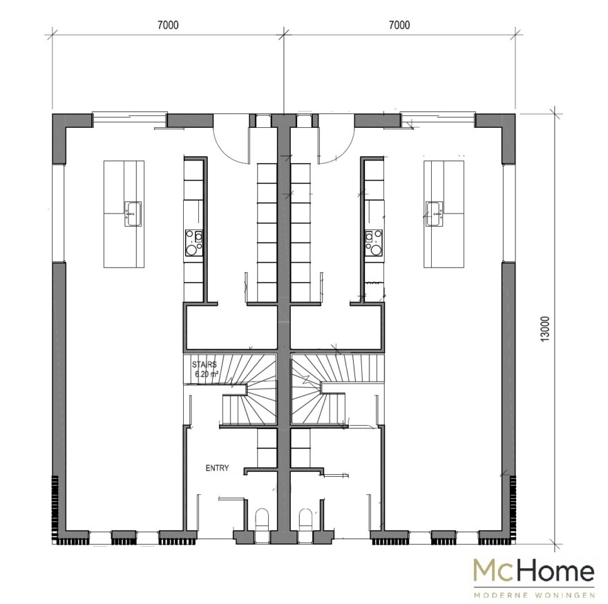 Mc-Home.nl TK48 2 onder 1 kap dubbele geschakelde woning woning modern ontwerp plat dak 