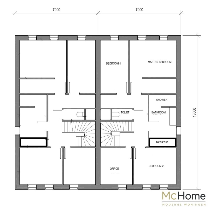Mc-Home.nl TK48 2 onder 1 kap dubbele geschakelde woning woning modern ontwerp plat dak 