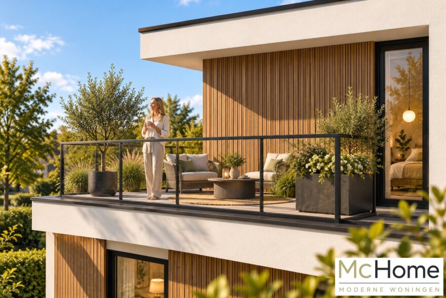 Moderne kubistische woning M-412 van McHome met plat dak en optioneel dakterras