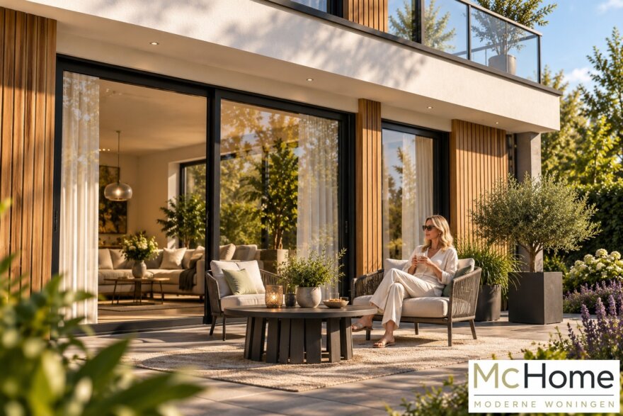 Moderne kubistische woning M-412 van McHome met plat dak en optioneel dakterras