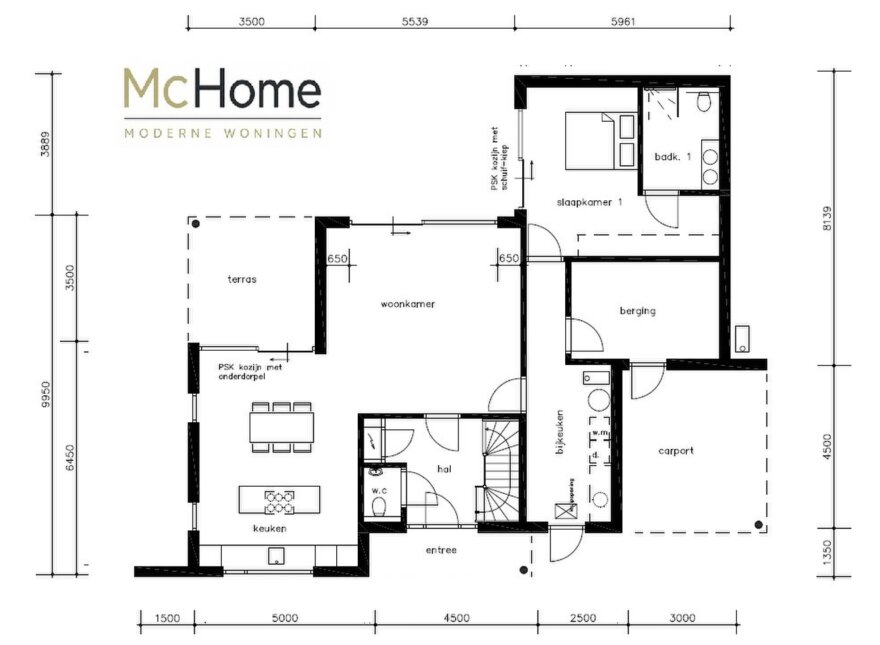 indelingen en plattegronden van een moderne woningtype M-392