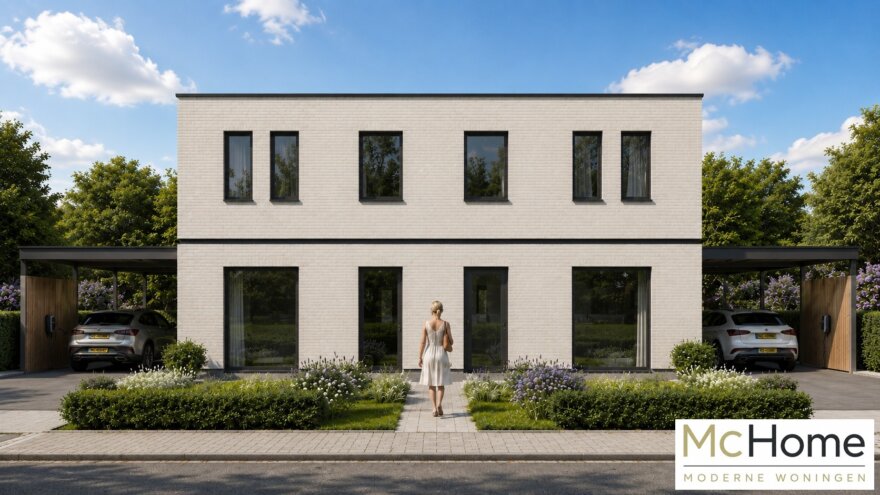 MC HOME TK-49 moderne kubistische geschakelde 2 onder 1 kap woning met plat dak