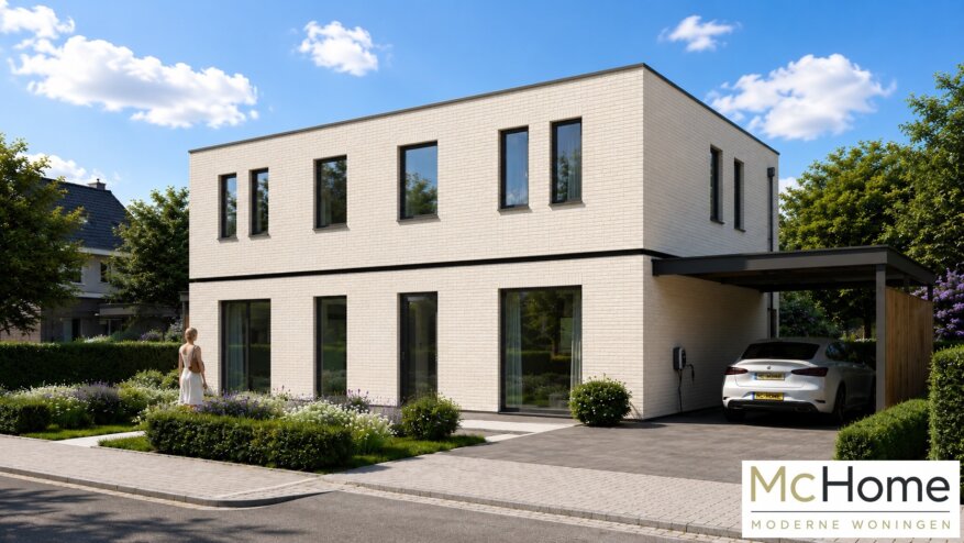 MC HOME TK-49 moderne kubistische geschakelde 2 onder 1 kap woning met plat dak