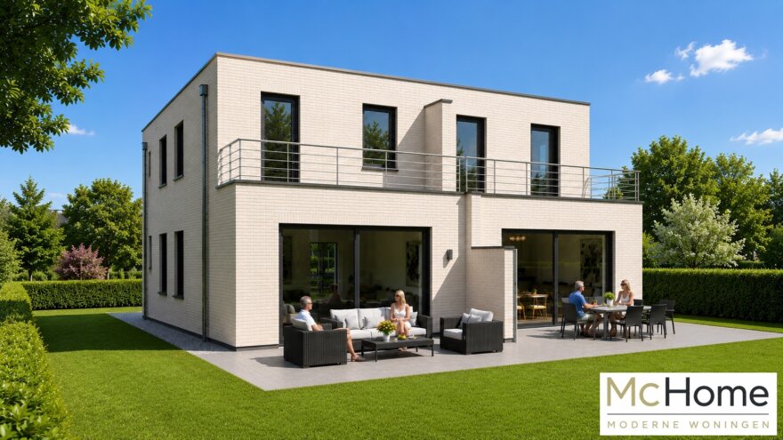 MC HOME TK-49 moderne kubistische geschakelde 2 onder 1 kap woning met plat dak