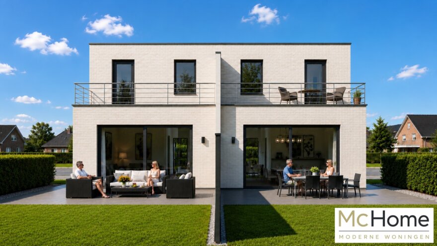 MC HOME TK-49 moderne kubistische geschakelde 2 onder 1 kap woning met plat dak