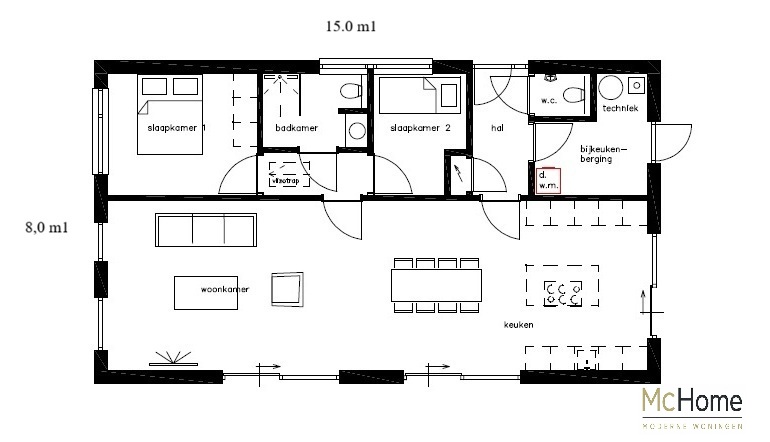 bekijk plattegrond en indeling van Gelijkvloerse woning B-201 met licht hellend zadeldak en moderne indeling