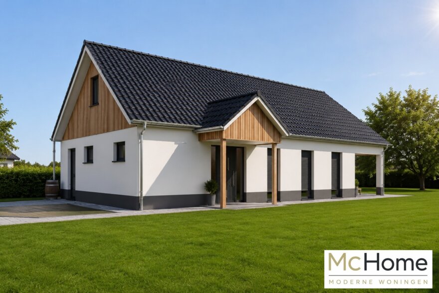 Moderne vrijstaande woning met zadeldak, houten gevelaccenten en overdekt terras gebouwd met staalframebouw door MC-Home